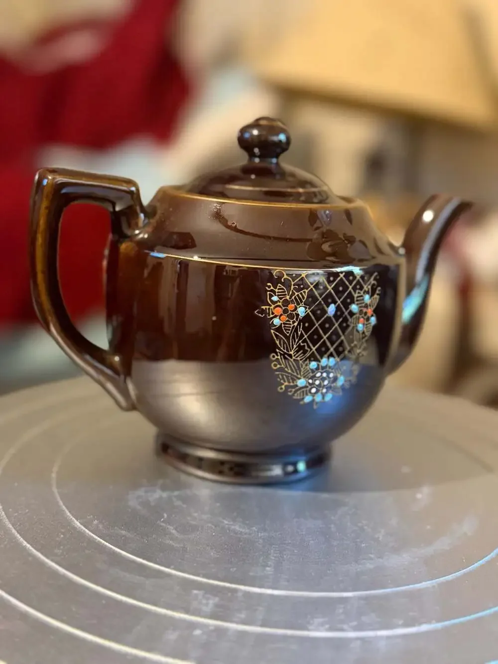 Vintage Japanese Brown Redware Teapot with Floral Moriage Enamel and Gold Trim